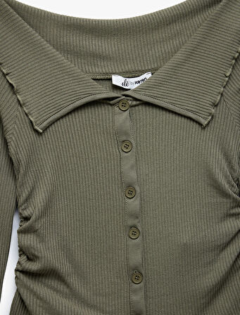 Viskon Omzu Açık Kaşkorse Düğmeli Viskon Uzun Kollu Tişört