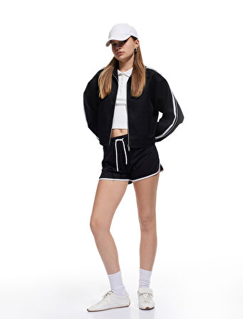 Fermuarlı Gömlek Yaka Çift Cepli Çizgili Bomber Ceket