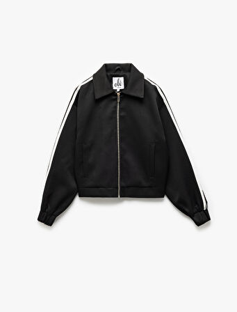 Fermuarlı Gömlek Yaka Çift Cepli Çizgili Bomber Ceket