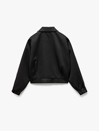 Fermuarlı Gömlek Yaka Çift Cepli Çizgili Bomber Ceket