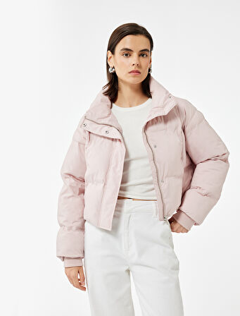 Dik Yaka Uzun Kollu Su İtici Crop Şişme Mont