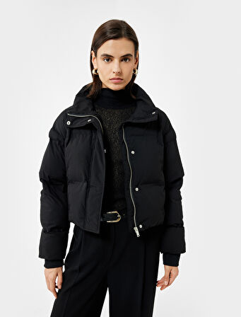 Dik Yaka Uzun Kollu Su İtici Crop Şişme Mont