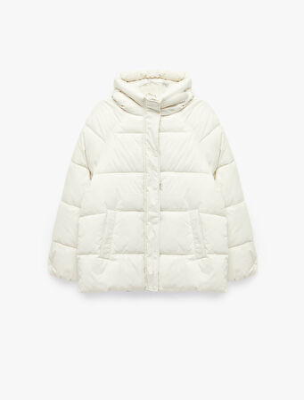 İçi Polar Astarlı Uzun Kollu Fermuarlı Su İtici Kapüşonlu Oversize Şişme Mont