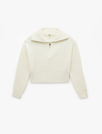 Uzun Kollu Dik Yaka Yarım Fermuarlı Triko Kazak