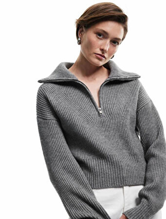 Koton Uzun Kollu Dik Yaka Yarım Fermuarlı Triko Kadın Kazak 6WAK90080HT