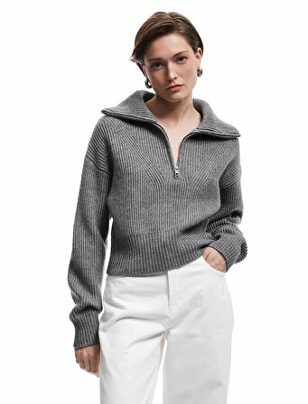 Koton Uzun Kollu Dik Yaka Yarım Fermuarlı Triko Kadın Kazak 6WAK90080HT