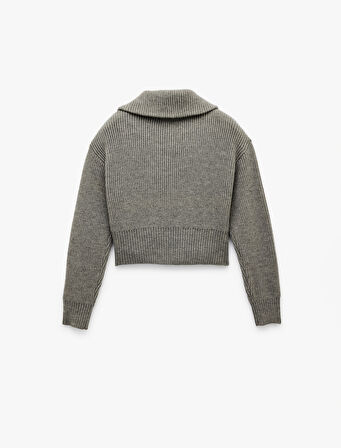 Uzun Kollu Dik Yaka Yarım Fermuarlı Triko Kazak