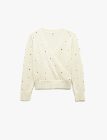 Uzun Kollu Kruvaze V Yaka Taşlı Triko Kazak