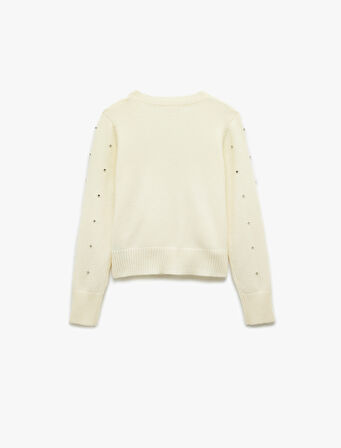 Uzun Kollu Kruvaze V Yaka Taşlı Triko Kazak