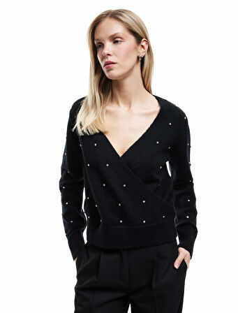 Uzun Kollu Kruvaze V Yaka Taşlı Triko Kazak