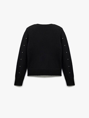 Uzun Kollu Kruvaze V Yaka Taşlı Triko Kazak