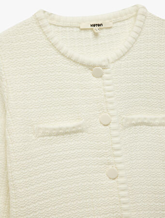 Aplike Detaylı Uzun Kollu Bisiklet Yaka Triko Hırka