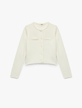 Aplike Detaylı Uzun Kollu Bisiklet Yaka Triko Hırka