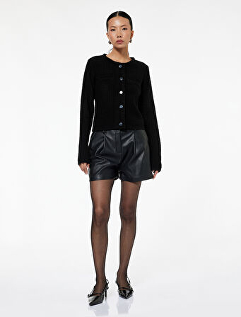 Aplike Detaylı Uzun Kollu Bisiklet Yaka Triko Hırka