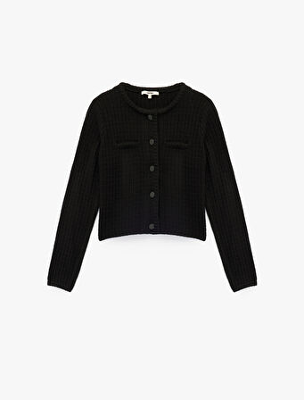 Aplike Detaylı Uzun Kollu Bisiklet Yaka Triko Hırka