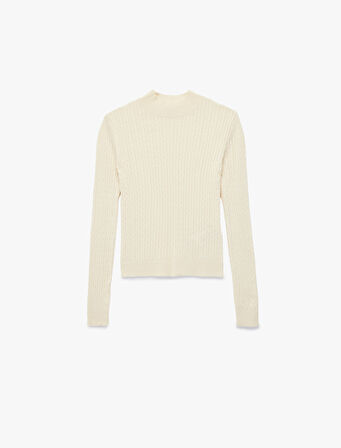 Regular Fit Uzun Kollu Hafif Dik Yaka Saç Örgü Kazak