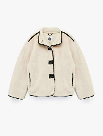 Dik Yaka Kaban Peluş Biye Detaylı Düğmeli Uzun Kollu