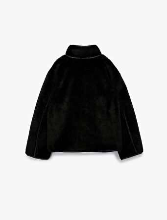 Dik Yaka Kaban Peluş Biye Detaylı Düğmeli Uzun Kollu