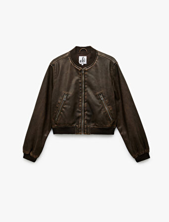 Uzun Kollu Fermuarlı Cepli Suni Deri Bomber Ceket