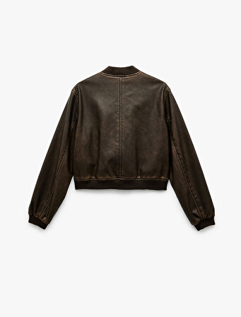 Uzun Kollu Fermuarlı Cepli Suni Deri Bomber Ceket