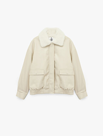 Suni Kürk Yaka Rahat Kalıp Fermuarlı Cep Detaylı Bomber Ceket