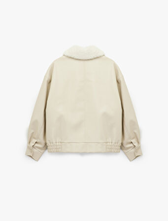 Suni Kürk Yaka Rahat Kalıp Fermuarlı Cep Detaylı Bomber Ceket