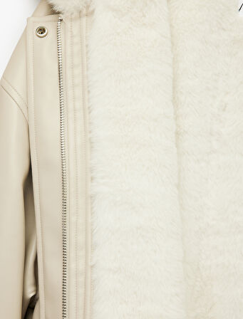 Suni Kürk Yaka Rahat Kalıp Fermuarlı Cep Detaylı Bomber Ceket