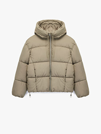 Rahat Kalıp Fermuarlı Kapüşonlu Kapitoneli Dik Yaka Şişme Mont