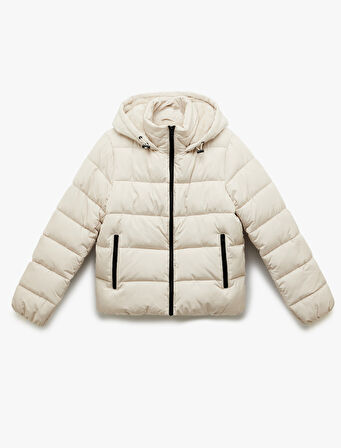 Kapüşonlu Uzun Kollu İçi Suni Kürklü Fermuarlı Cepli Şişme Mont