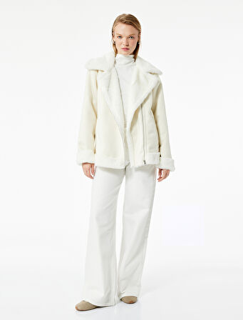 Suni Kürklü Yaka Fermuarlı Cepli Süet Görünümlü Biker Ceket