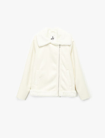 Suni Kürklü Yaka Fermuarlı Cepli Süet Görünümlü Biker Ceket