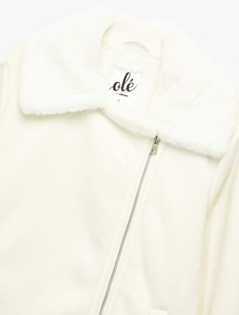 Suni Kürklü Yaka Fermuarlı Cepli Süet Görünümlü Biker Ceket