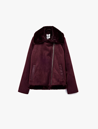 Suni Kürklü Yaka Fermuarlı Cepli Süet Görünümlü Biker Ceket