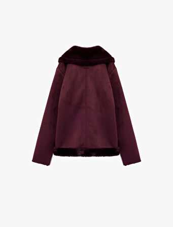 Suni Kürklü Yaka Fermuarlı Cepli Süet Görünümlü Biker Ceket