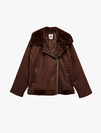 Suni Kürklü Yaka Fermuarlı Cepli Süet Görünümlü Biker Ceket