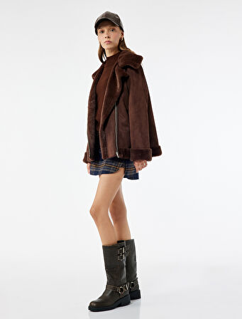 Suni Kürklü Yaka Fermuarlı Cepli Süet Görünümlü Biker Ceket
