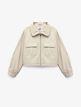 Uzun Kollu Dik Yaka Cep Detaylı Fermuarlı Oversize Viskon Ceket