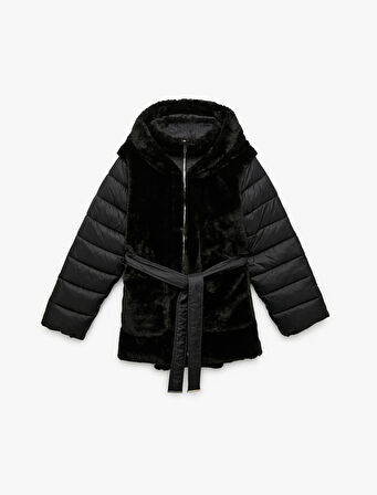 Kapüşonlu Kemer Detaylı Fermuarlı Suni Kürk Kaban