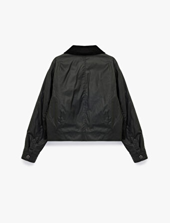 Uzun Kollu Yaka Detaylı Fermuarlı Cepli Mevsimlik Ceket