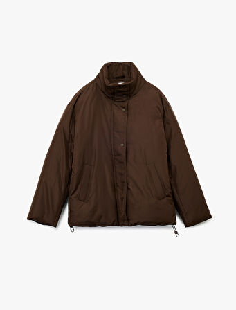 Dik Yaka Çıtçıt Düğmeli Cepli Uzun Kollu Rahat Kalıp Anorak Ceket