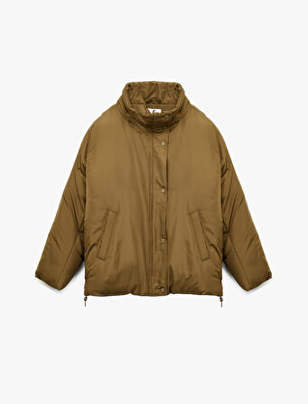 Dik Yaka Çıtçıt Düğmeli Cepli Uzun Kollu Rahat Kalıp Anorak Ceket