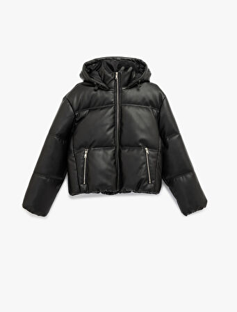 Fermuarlı Uzun Kollu Kapüşonlu Kapitone Şişme Mont