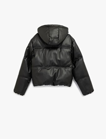 Fermuarlı Uzun Kollu Kapüşonlu Kapitone Şişme Mont