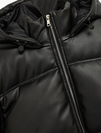 Fermuarlı Uzun Kollu Kapüşonlu Kapitone Şişme Mont