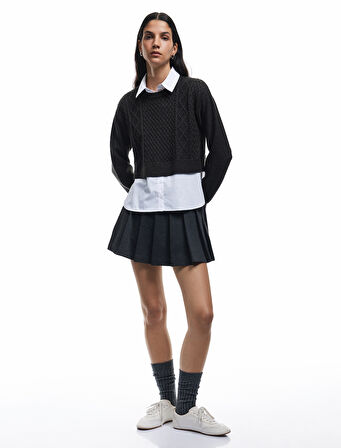 Uzun Kollu Gömlek Yaka Saç Örgü Dokulu Viskon Karışımlı Kazak