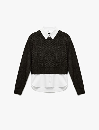 Uzun Kollu Gömlek Yaka Saç Örgü Dokulu Viskon Karışımlı Kazak