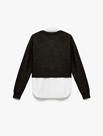 Uzun Kollu Gömlek Yaka Saç Örgü Dokulu Viskon Karışımlı Kazak