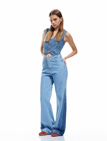 Taş Detaylı Kolsuz Pamuklu Crop Denim Yelek