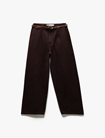 Düğmeli Kesik Geniş Paça Kemerli Pantolon - Wide Leg Jeans