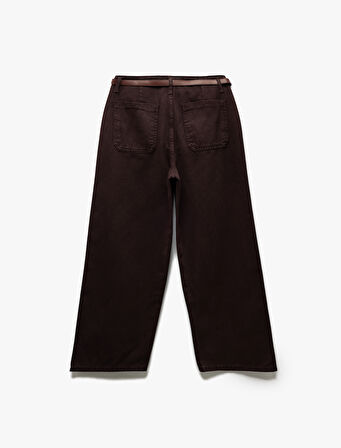 Düğmeli Kesik Geniş Paça Kemerli Pantolon - Wide Leg Jeans